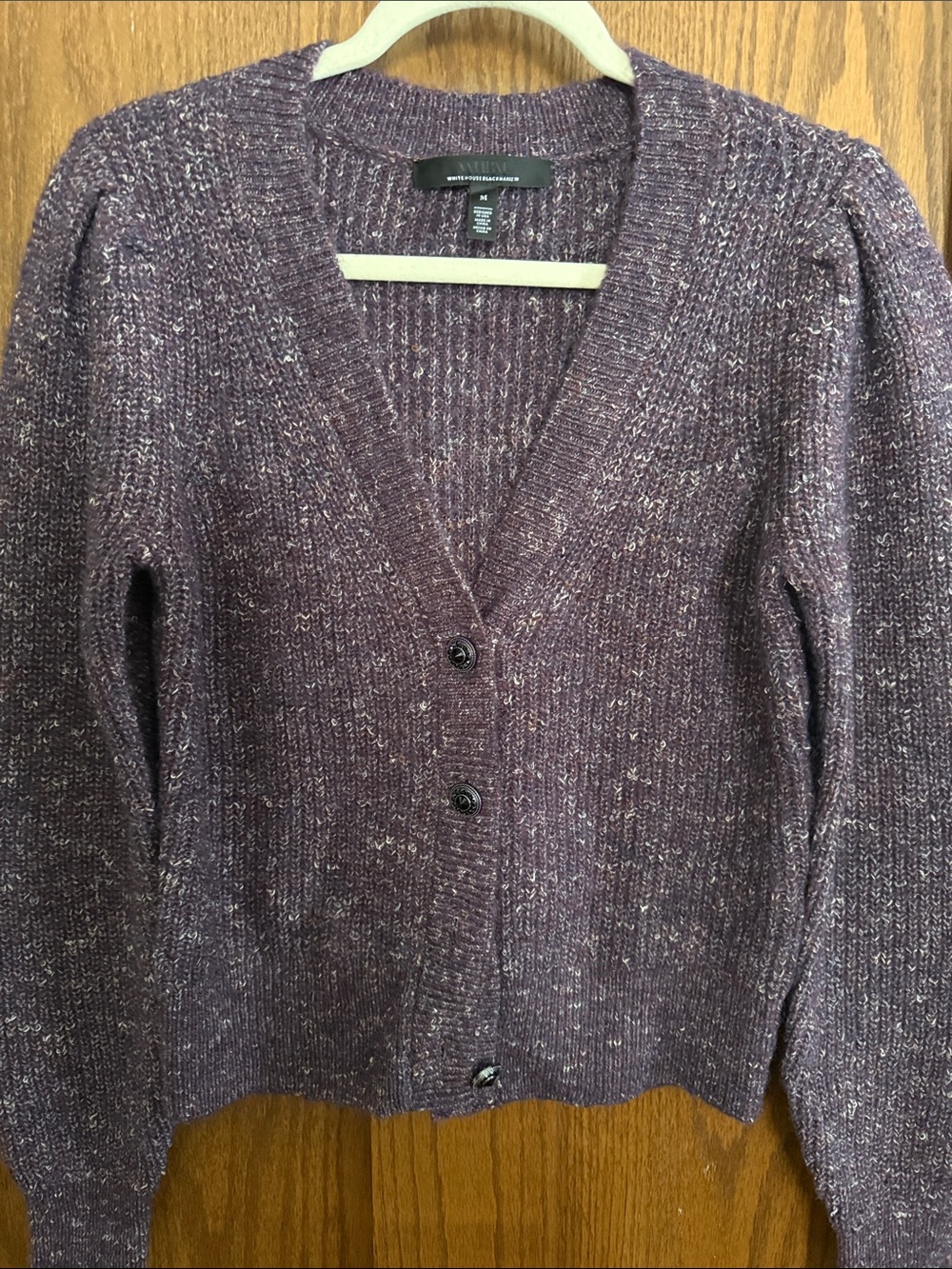 White House Black Market Heathered Plum V-Neck Button Cardigan